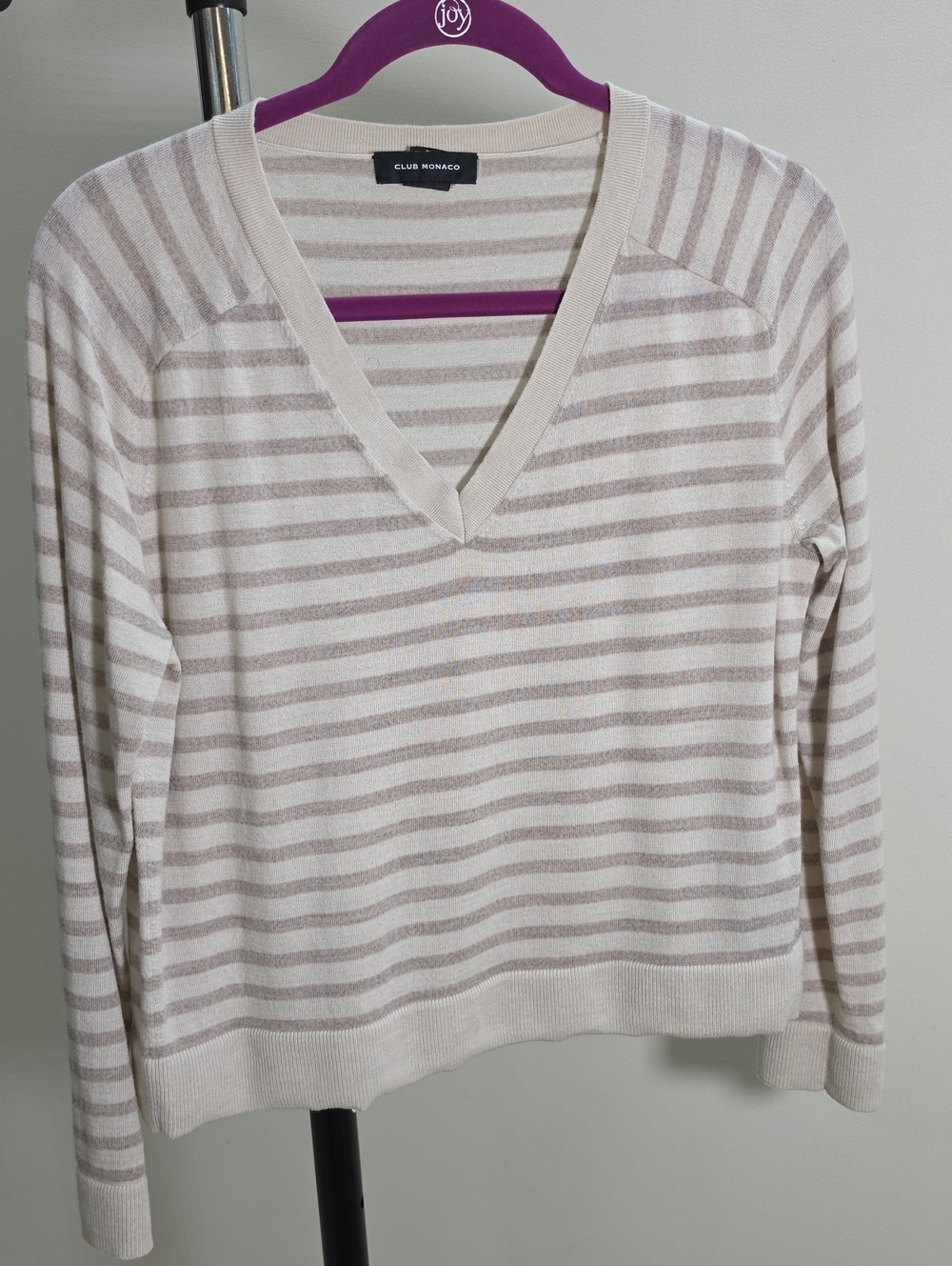 Club Monaco 100% Wool Cream and Taupe Striped V-Neck Sweater